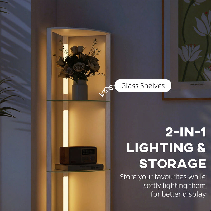 Corner Floor Lamp with 5 Glass Shelves for Display and Soft LED Lighting White Homcom