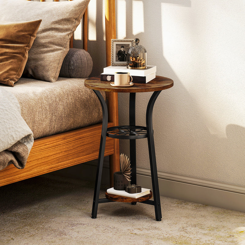 Rustic Brown Round Side Table with 3 Tier Storage Shelves for Living Room or Bedroom