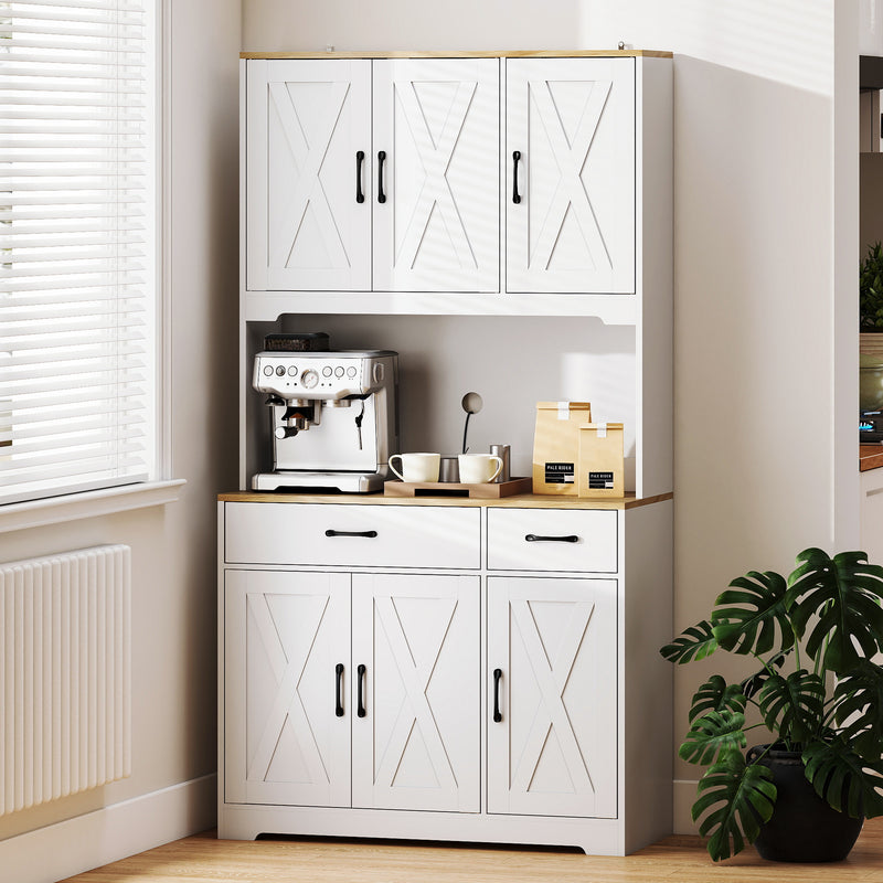 Kitchen Storage Cabinet with Adjustable Shelves and Barn Doors for Organised Cooking Natural Wood White AOSOM
