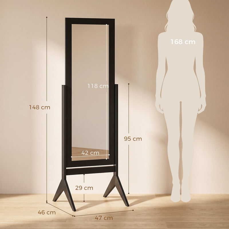 Dimension diagram of the freestanding mirror showing 148 x 47 x 46 cm frame and 118 x 42 cm glass