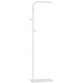 White freestanding clothes rail with three side hooks and a marble base on a plain background
