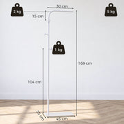 Dimensions diagram of the white clothes rail showing 169 cm height, 45 x 25 cm base and weight limits