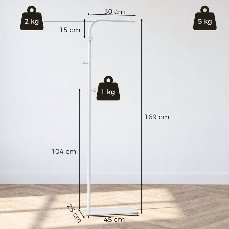 Dimensions diagram of the white clothes rail showing 169 cm height, 45 x 25 cm base and weight limits