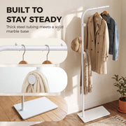 Close-ups of the top rail, a hook and the solid marble base on the white clothes rail