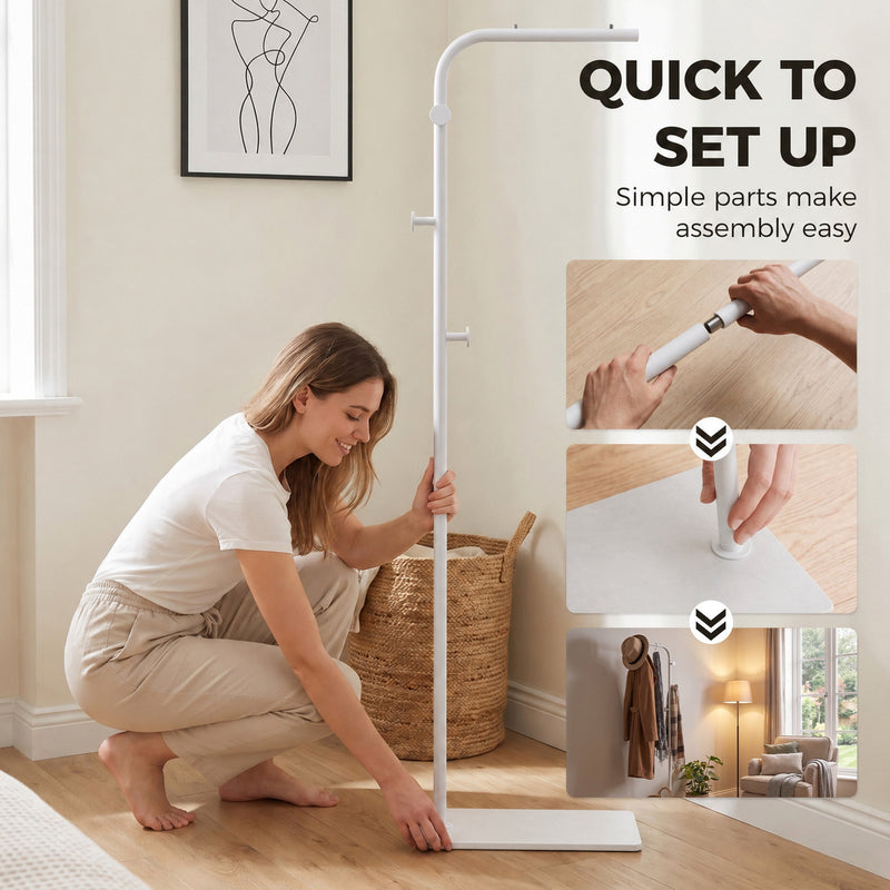 Woman fitting the base of the white clothes rail with three assembly steps shown