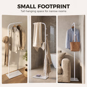 Three room scenes showing the white clothes rail with clothes, towels and a tote bag in narrow spaces