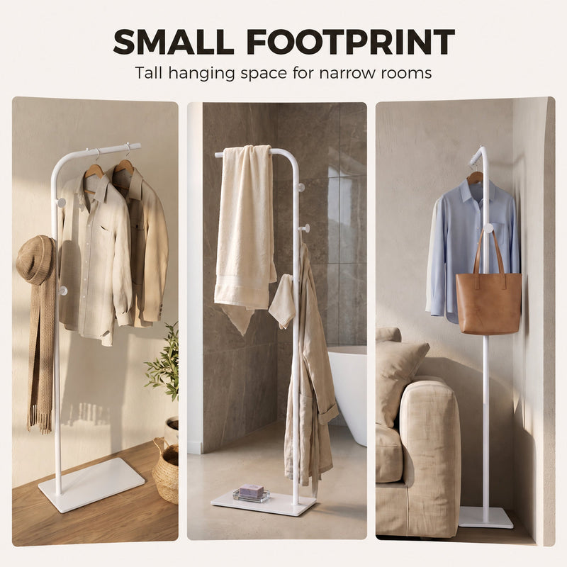 Three room scenes showing the white clothes rail with clothes, towels and a tote bag in narrow spaces