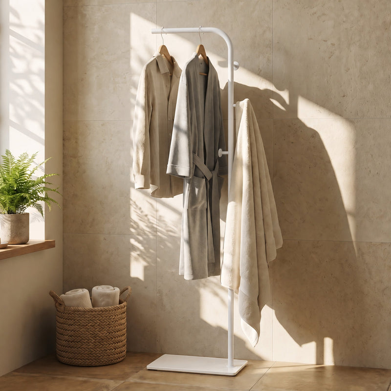 White clothes rail with a shirt and towels hanging in a corner by a window