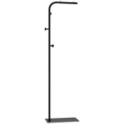 Black freestanding clothes rail with three side hooks and a marble base on a plain background
