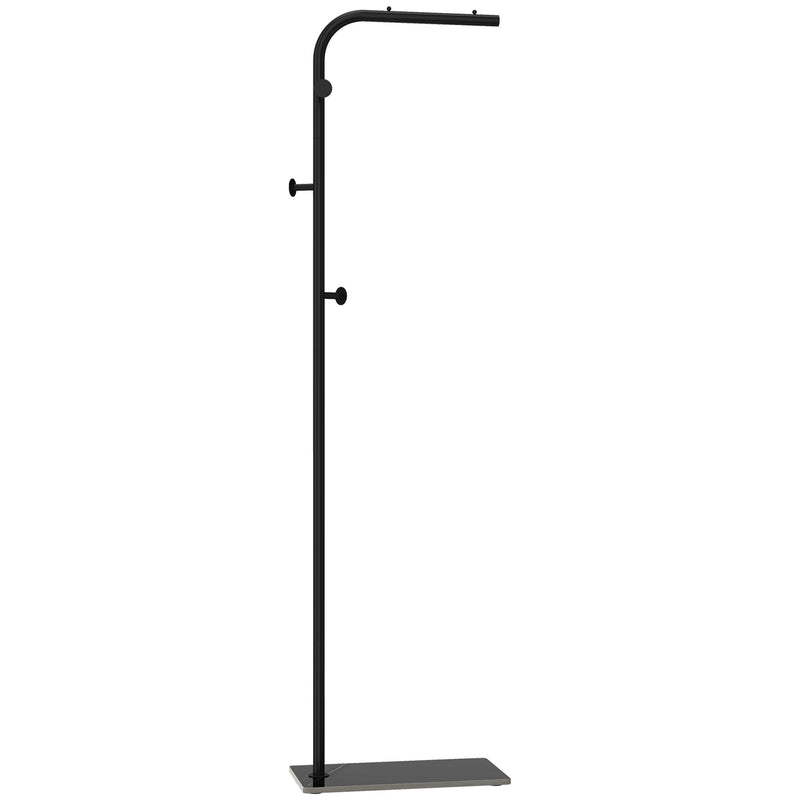 Black freestanding clothes rail with three side hooks and a marble base on a plain background
