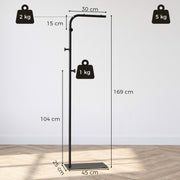 Dimensions diagram of the black clothes rail showing 169 cm height, 45 x 25 cm base and weight limits