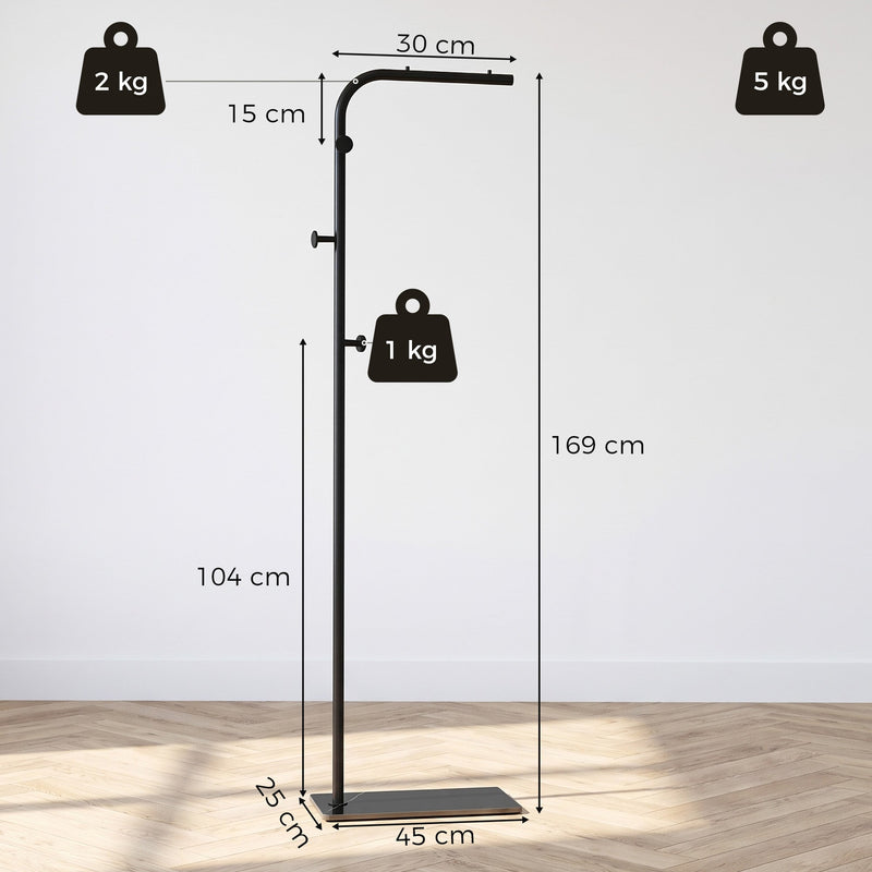 Dimensions diagram of the black clothes rail showing 169 cm height, 45 x 25 cm base and weight limits