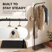 Close-ups of the top rail, a hook and the glossy black marble base on the black clothes rail