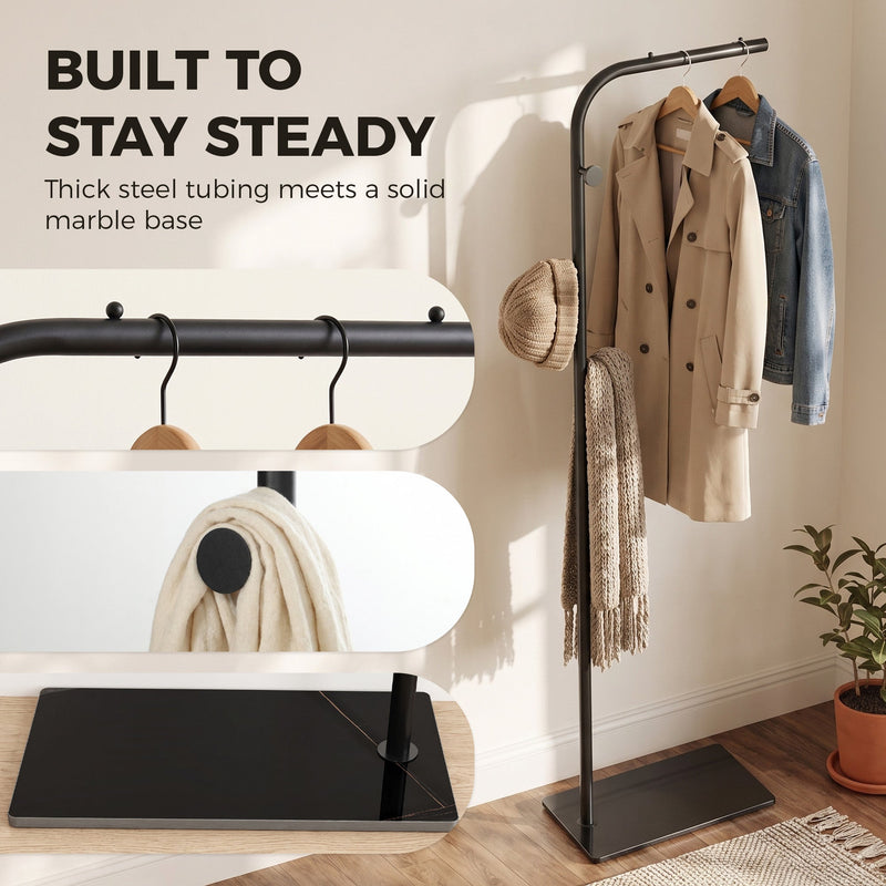 Close-ups of the top rail, a hook and the glossy black marble base on the black clothes rail