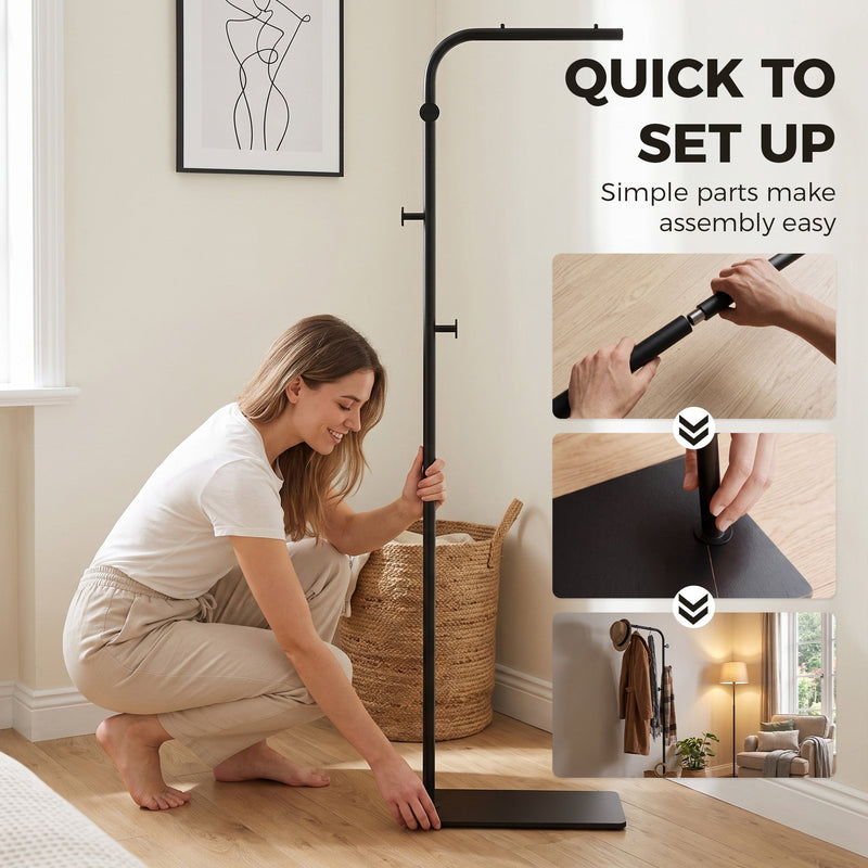 Woman fitting the base of the black clothes rail with three assembly steps shown