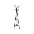 Vasagle freestanding coat rack stand with black frame and rustic brown shelves, front view
