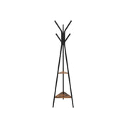 Vasagle freestanding coat rack stand with black frame and rustic brown shelves, front view