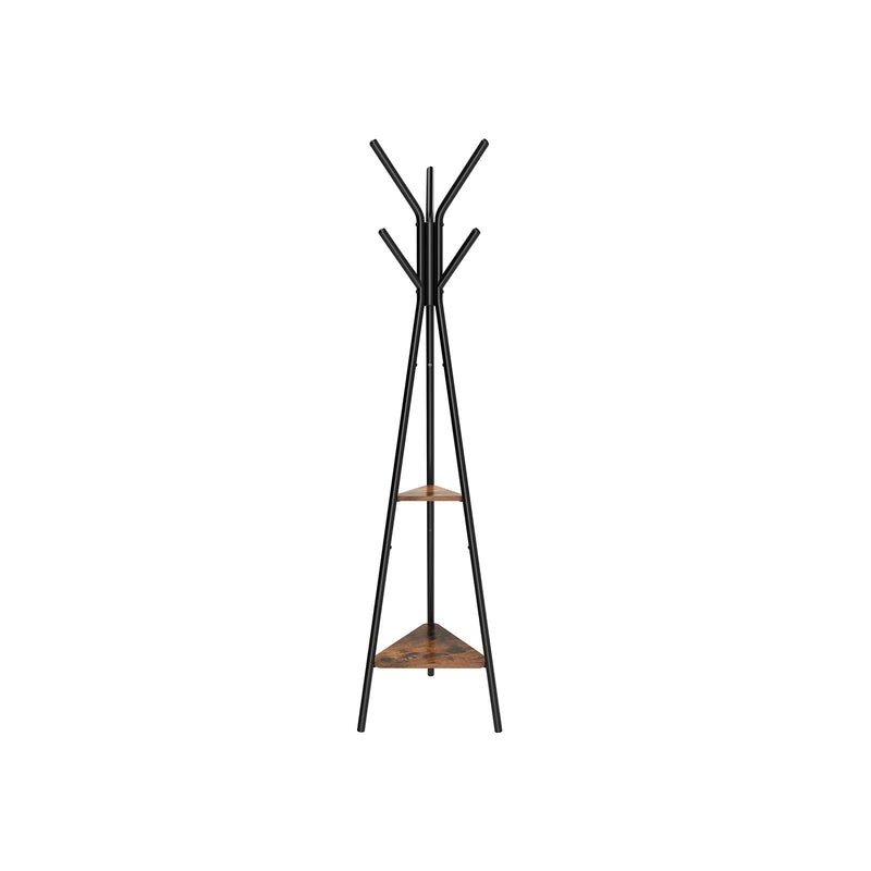 Vasagle freestanding coat rack stand with black frame and rustic brown shelves, front view