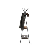 Coat rack stand holding a grey coat and hat, with a box and basket on its two shelves