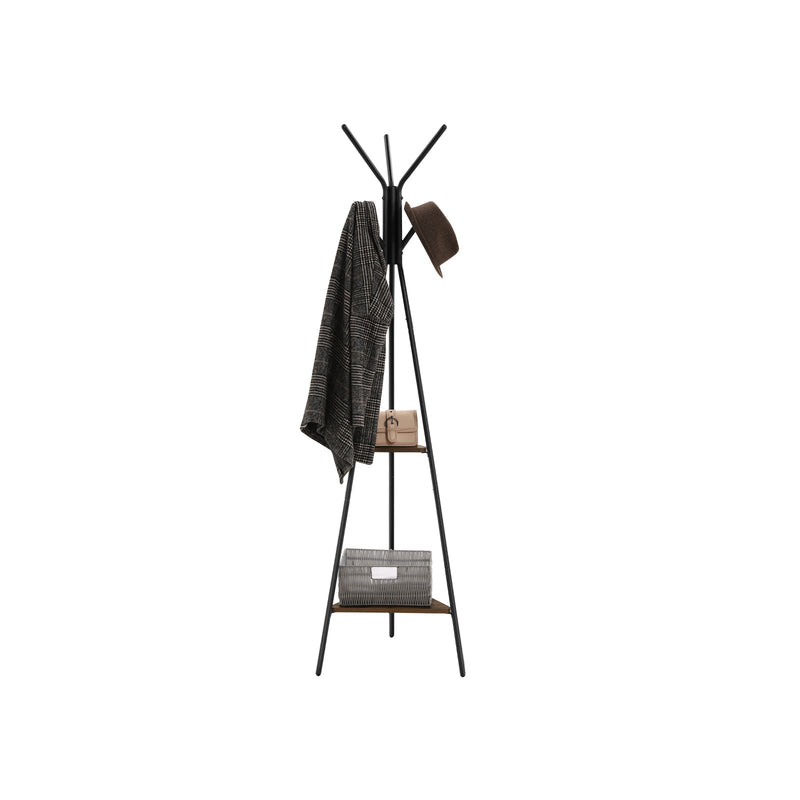 Coat rack stand holding a grey coat and hat, with a box and basket on its two shelves
