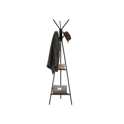 Coat rack stand holding a grey coat and hat, with a box and basket on its two shelves