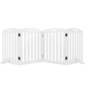 Freestanding 4-panel wooden dog gate, studio view, unfolded to full width