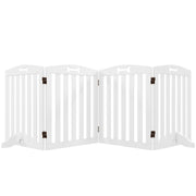 Freestanding 4-panel wooden dog gate, studio view, unfolded to full width