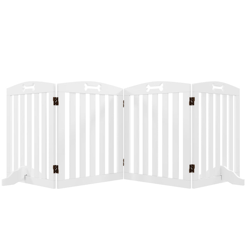 Freestanding 4-panel wooden dog gate, studio view, unfolded to full width