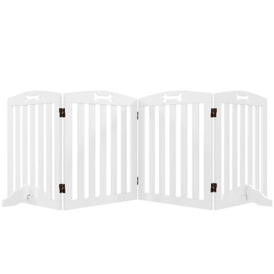 Freestanding 4-panel wooden dog gate, studio view, unfolded to full width