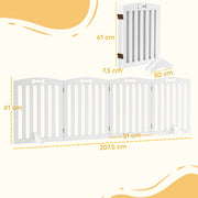 Dimension diagram of the dog gate: 207.5 cm length, 61 cm height, 51 cm per panel and 30 cm support feet