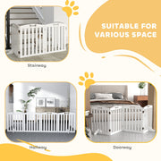 Dog gate set up across a stairway, hallway and doorway in three example rooms