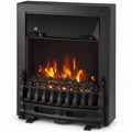 Black freestanding electric fireplace with glowing coal bed flame effect on a white background