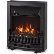 Black freestanding electric fireplace with glowing coal bed flame effect on a white background