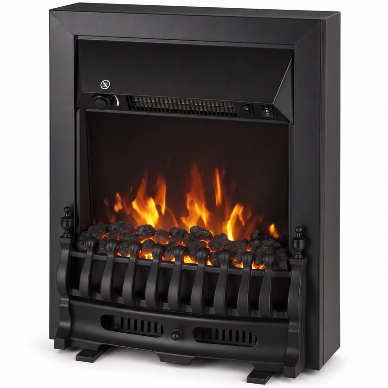 Black freestanding electric fireplace with glowing coal bed flame effect on a white background
