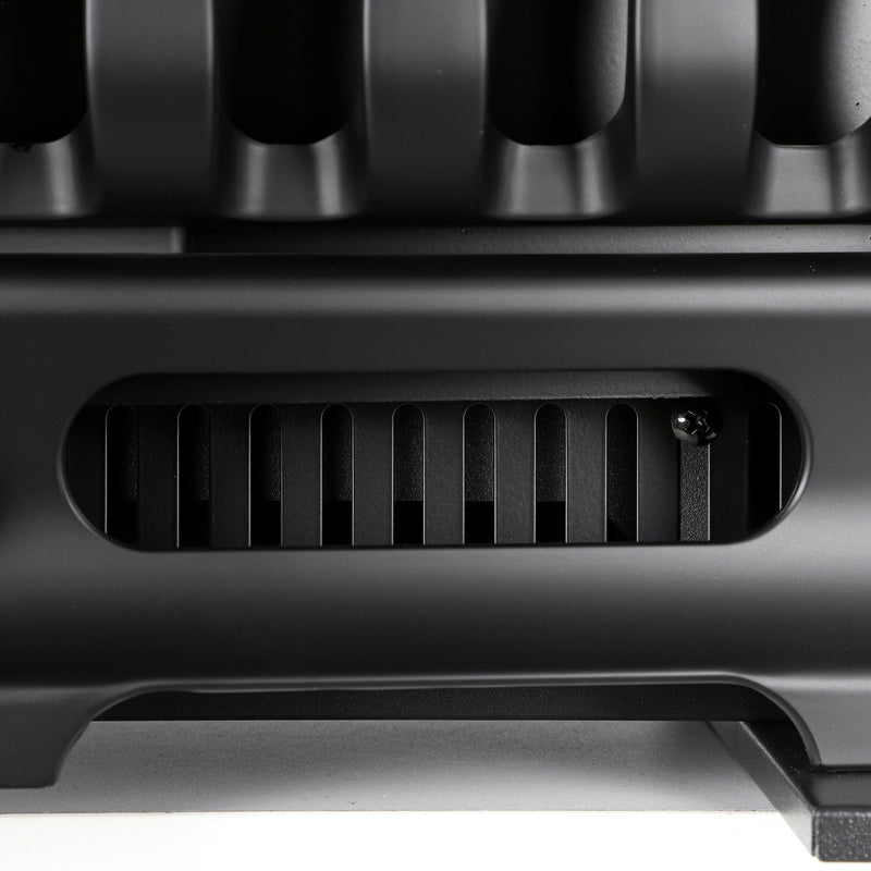 Close-up of the heater vent and base on the black coal bed electric fireplace
