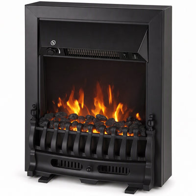 Black freestanding electric fireplace with glowing coal bed flame effect on a white background