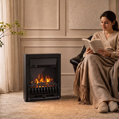 Black coal bed electric fireplace beside an armchair as a woman reads