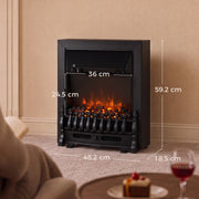 Dimensions diagram of the coal bed electric fireplace: 48.2 cm wide, 18.5 cm deep, 59.2 cm high, 36 x 24.5 cm window