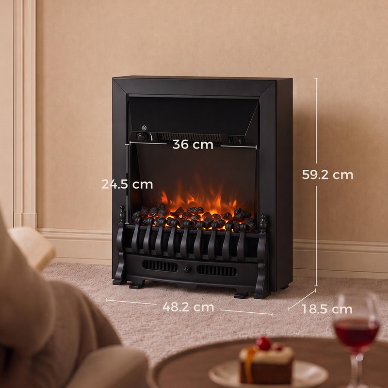 Dimensions diagram of the coal bed electric fireplace: 48.2 cm wide, 18.5 cm deep, 59.2 cm high, 36 x 24.5 cm window