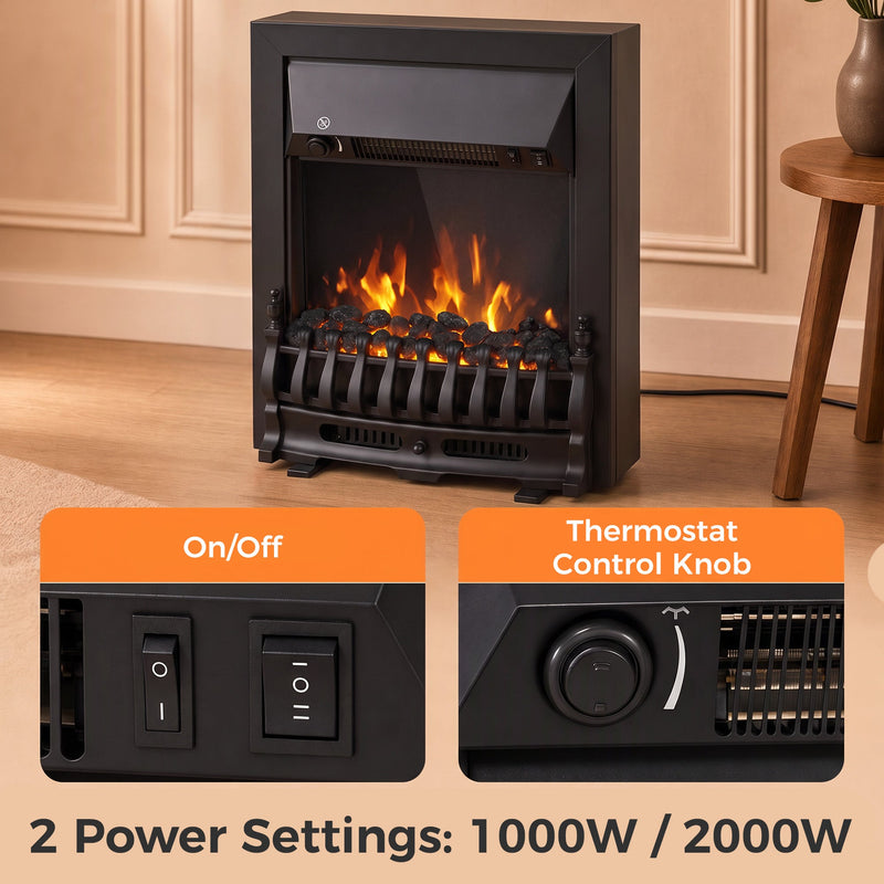 On/off switch and thermostat control knob with 1000W and 2000W power settings