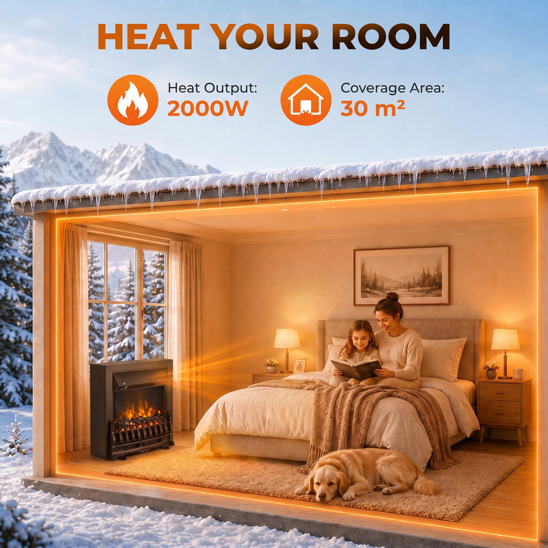 Coal bed electric fireplace warming a snowy bedroom with 2000W heat output and 30 m2 coverage