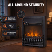 Coal bed electric fireplace with overheat protection, safety plug and heat-resistant housing icons