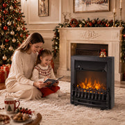 Black electric fireplace in a festive living room as a mother and child read together