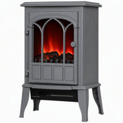 Studio view of the electric stove heater with arched glass door and LED flames