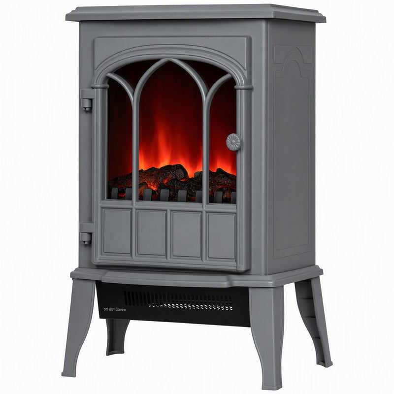 Studio view of the electric stove heater with arched glass door and LED flames