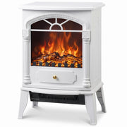 Studio front view of the fireplace stove showing the drawer-style front and curved legs