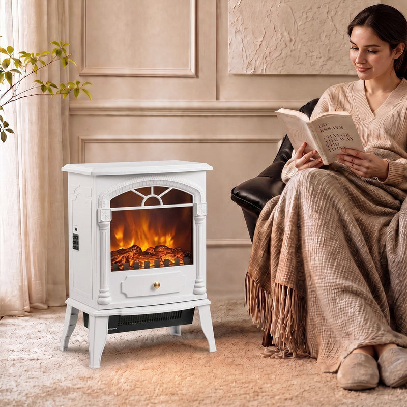Fireplace stove next to a reading chair in a warm, softly lit living room