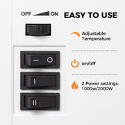 Rocker switches for on/off, adjustable temperature and two heat settings