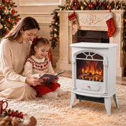 Freestanding stove heater in a Christmas living room with stockings on the mantel