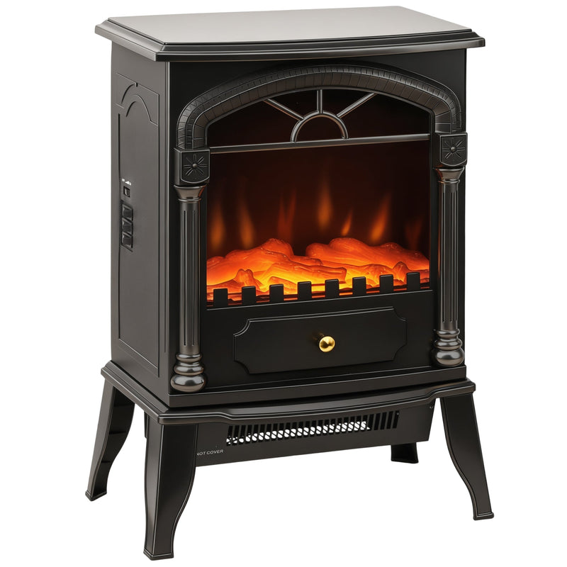 Studio view of the freestanding electric stove fireplace with log-effect flames behind the glass door